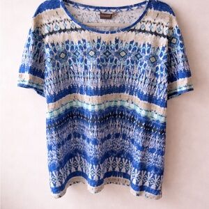 Chico’s Size 3 XL Blue Boho Print Top Short Sleeve Tunic Blouse